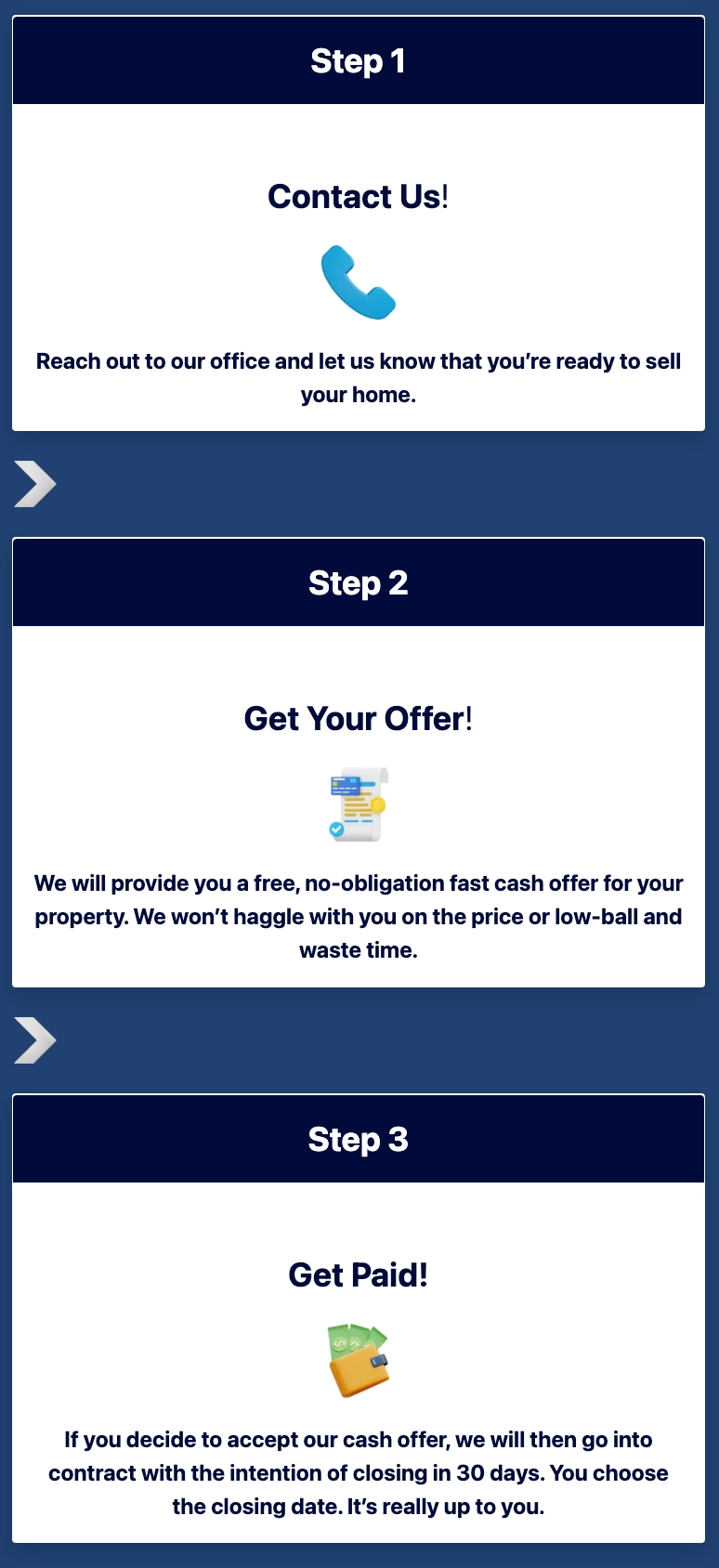 Step 1- Contact Us! Reach out to our office and let us know that you’re ready to sell your home. Step 2 - Get Your Offer! We will provide you a free, no-obligation fast cash offer for your property. We won’t haggle with you on the price or low-ball and waste time. Step 3 - Get Paid! If you decide to accept our cash offer, we will then go into contract with the intention of closing in 30 days. You choose the closing date. It’s really up to you.